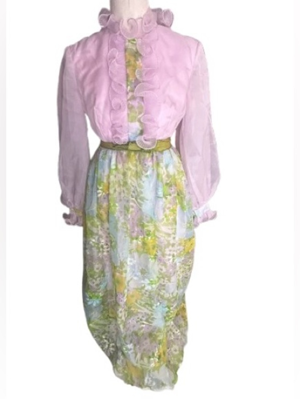 1970’s Floral Ruffle SYLVIA ANN Maxi Dress Sheer Extra Small CS Vintage Tea